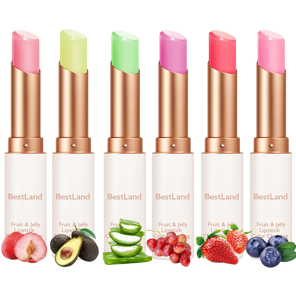 6 Pcs/Set Peach Aloe Vera Strawberry Blueberry Avocado Grape Jelly Lipstick Set Temperature Change Moisturizer Flower Lip Stick Long Lasting Nutritious Lip Balm Magic Color Change Lip Gloss