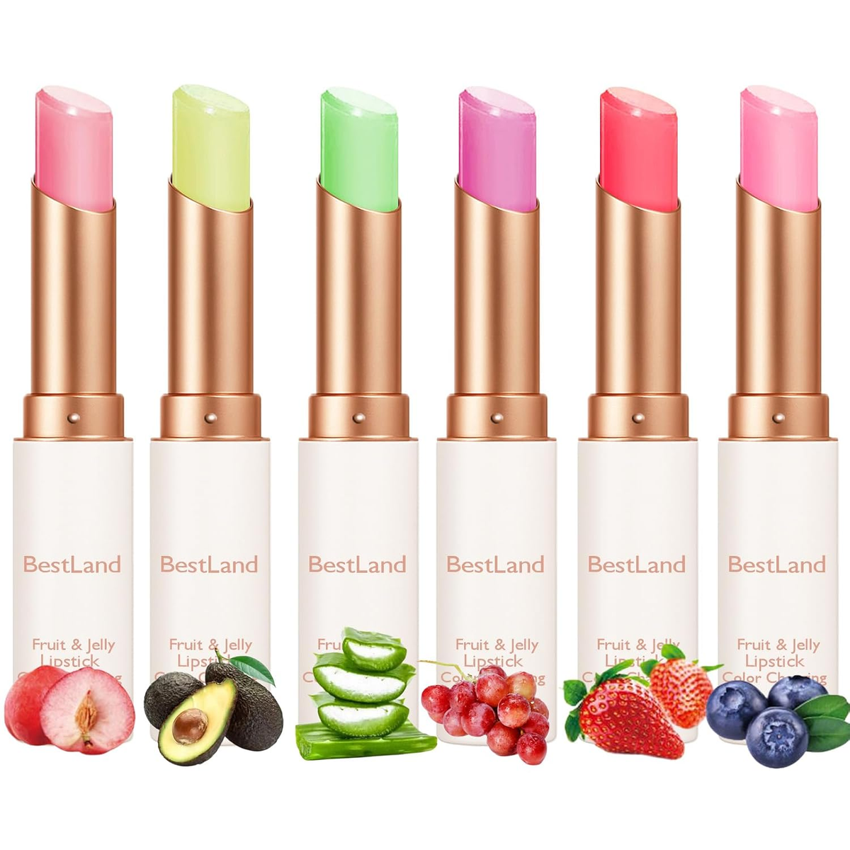 6 Pcs/Set Peach Aloe Vera Strawberry Blueberry Avocado Grape Jelly Lipstick Set Temperature Change Moisturizer Flower Lip Stick Long Lasting Nutritious Lip Balm Magic Color Change Lip Gloss